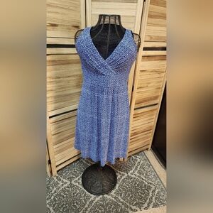 Chaps Navy and White Midi Dress Large Faux Wrap